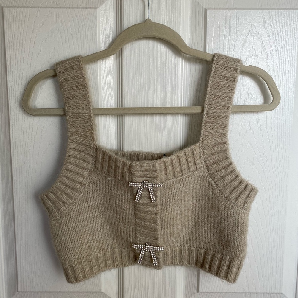 Zara knit beige/light green crop top with bows